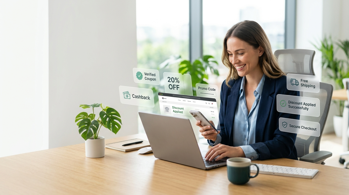 Shopper using a laptop and smartphone while looking for online savings